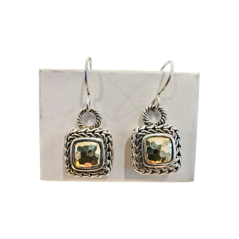 Sterling Silver & 14K Gold Woven Drop Earrings Hammered Gold Accent 925 Vintage